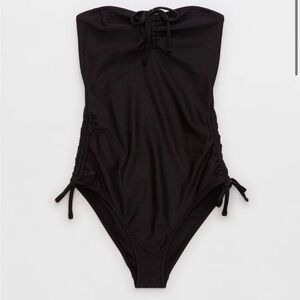 Aerie Shine Rib Strapless Cheeky One Piece Swimsuit Black NWT